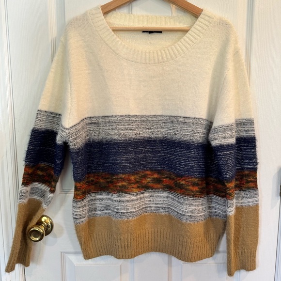 Fate Sweaters - Fate Striped Colorblock Cozy Knit Sweater Cream Tan Navy XL